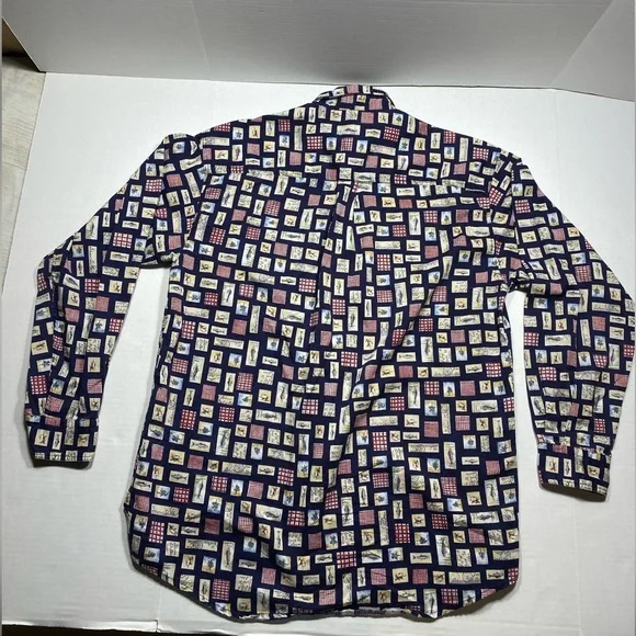 Woolrich Men's Fly Fishing Pattern Blue Long Sleeve Button Shirt - Picture 7 of 10